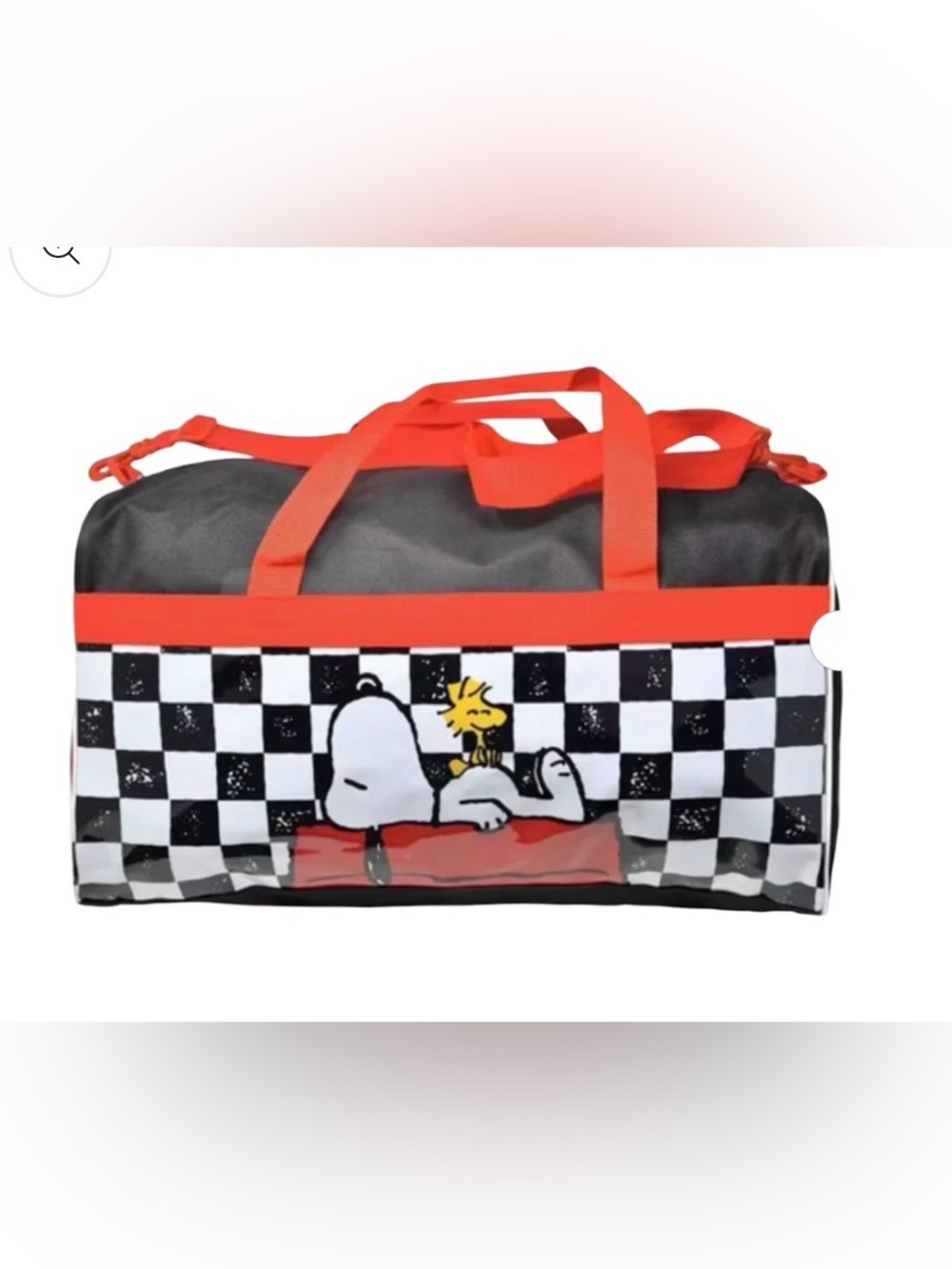 Snoopy & Woodstock Checkered Duffle Bag in Black + Red